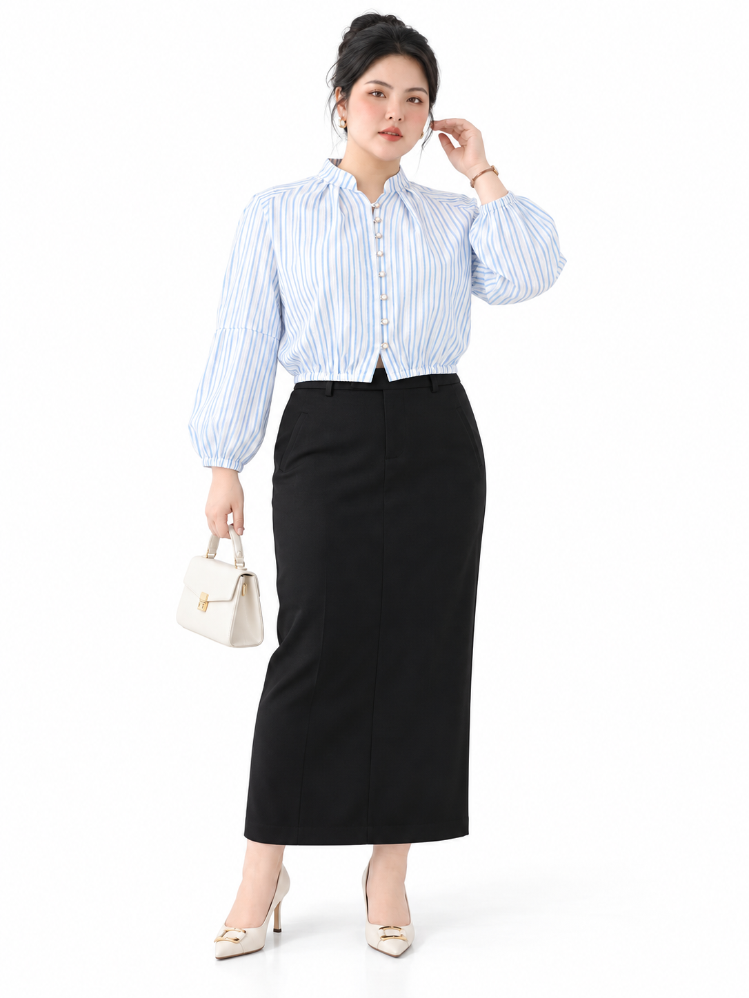 Áo Kiểu Xô Sọc Cổ Trụ Tay Bồng Phối Nút Bigsize Bo Eo - Xanh Trắng - Vừa 55–95kg - V-AK138_thumbnail_0