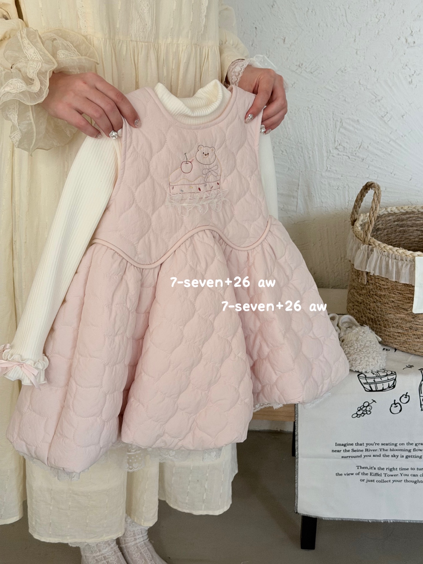 7-seven - Set đầm + áo len cherry bear pinky 7202