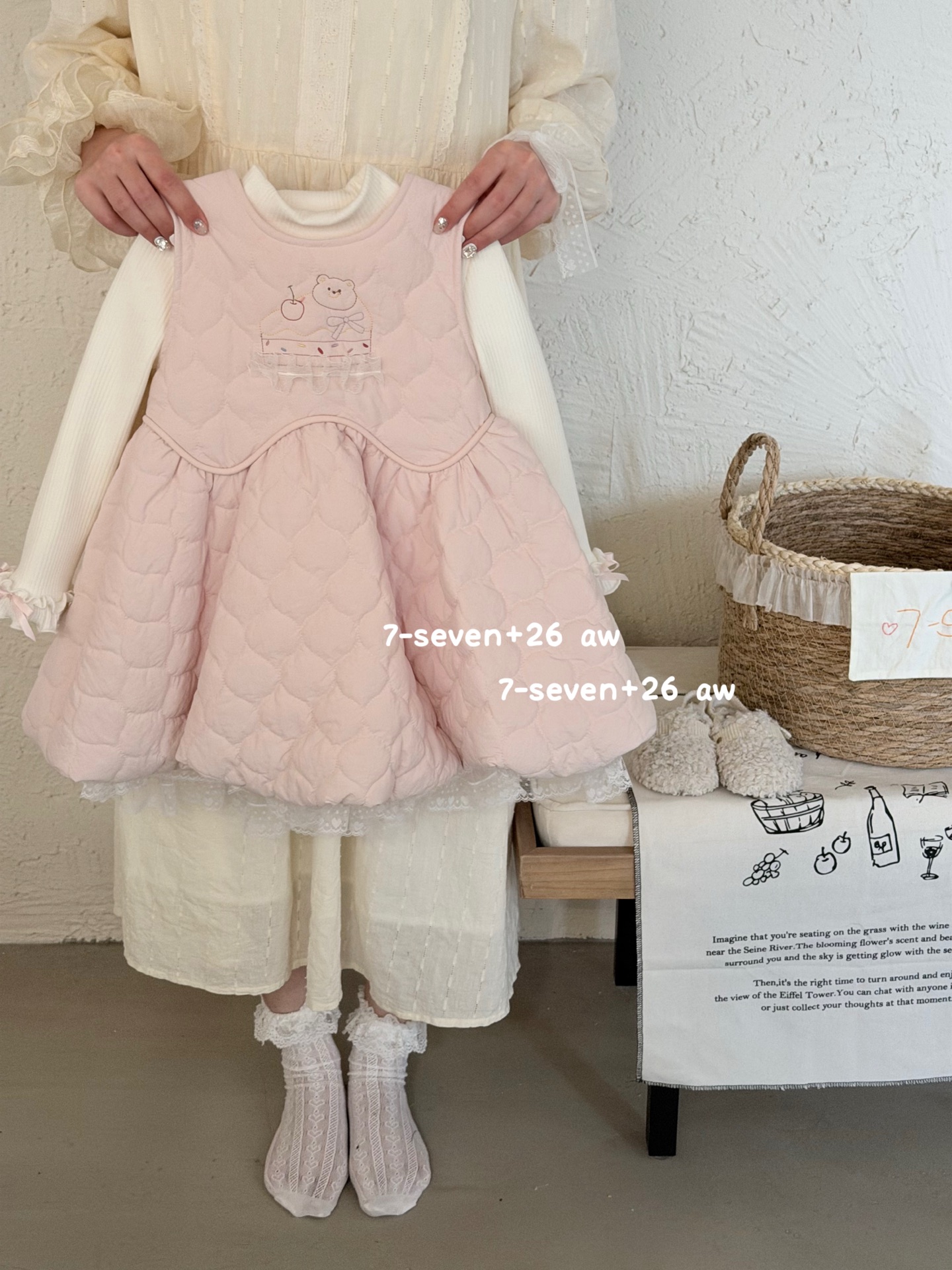 7-seven - Set đầm + áo len cherry bear pinky 7202