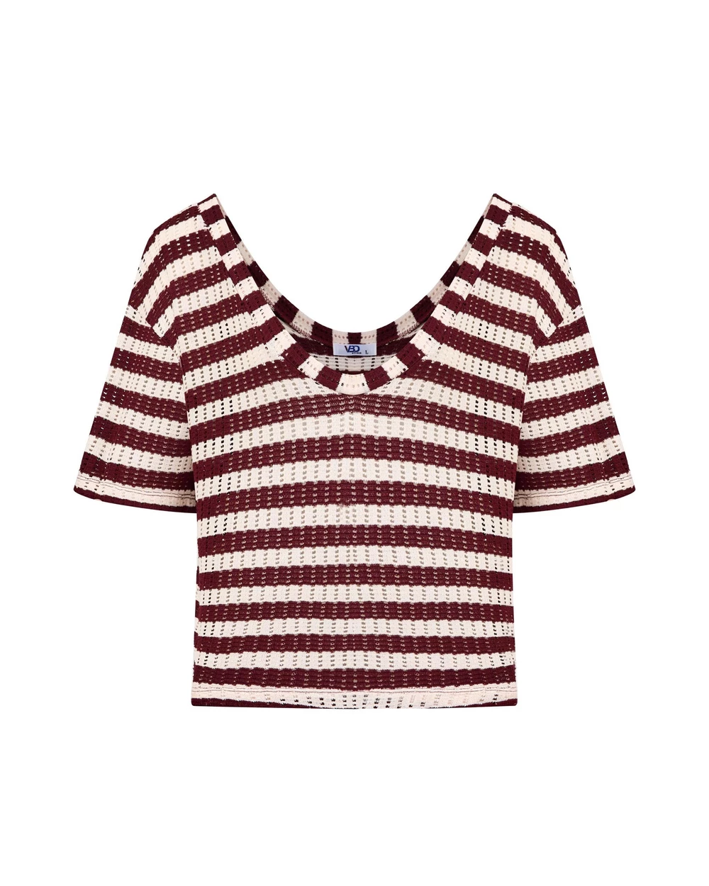 V-AK132 outer top displayed separately, showing burgundy and cream stripes, roomy sleeves and openwork knit