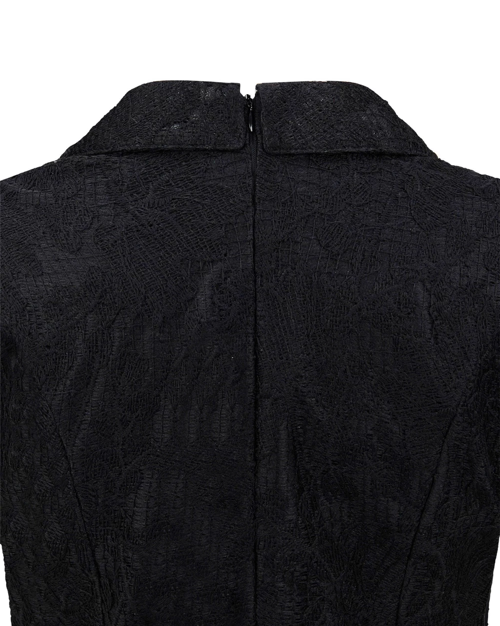 Back close-up of the black V-DA248 lace dress: collar and centre back zipper
