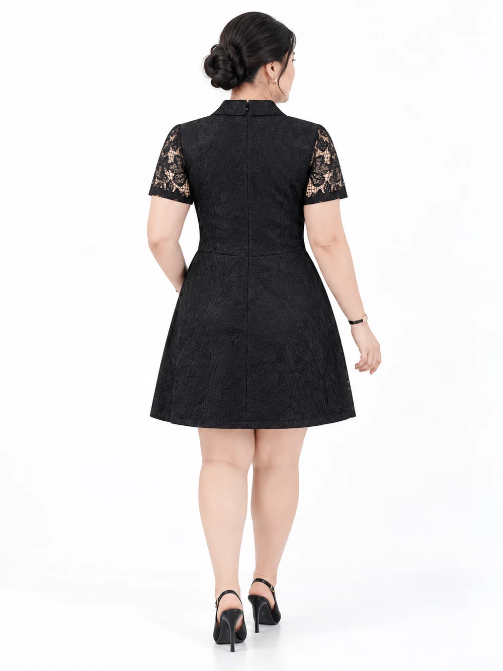 Model wearing V-DA248 from the back, showing rear zipper, fitted upper body and gently flared skirt