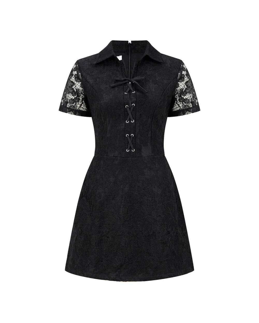 Front dress form view of V-DA248: black lace, shirt collar, lace-up eyelets and A-line skirt