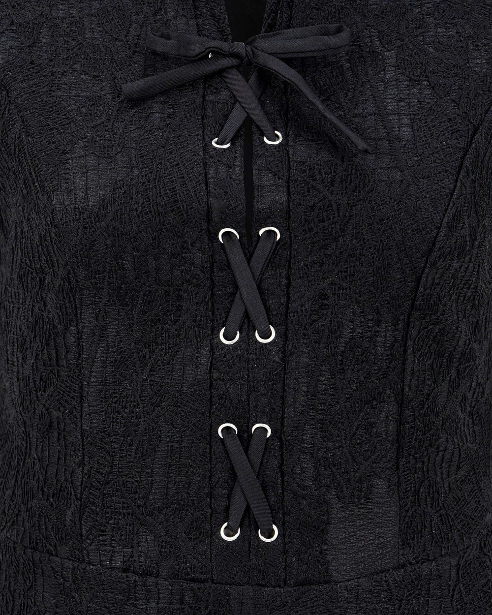 Front close-up of V-DA248: lotus lace, silver-coloured eyelets and black crisscross ties