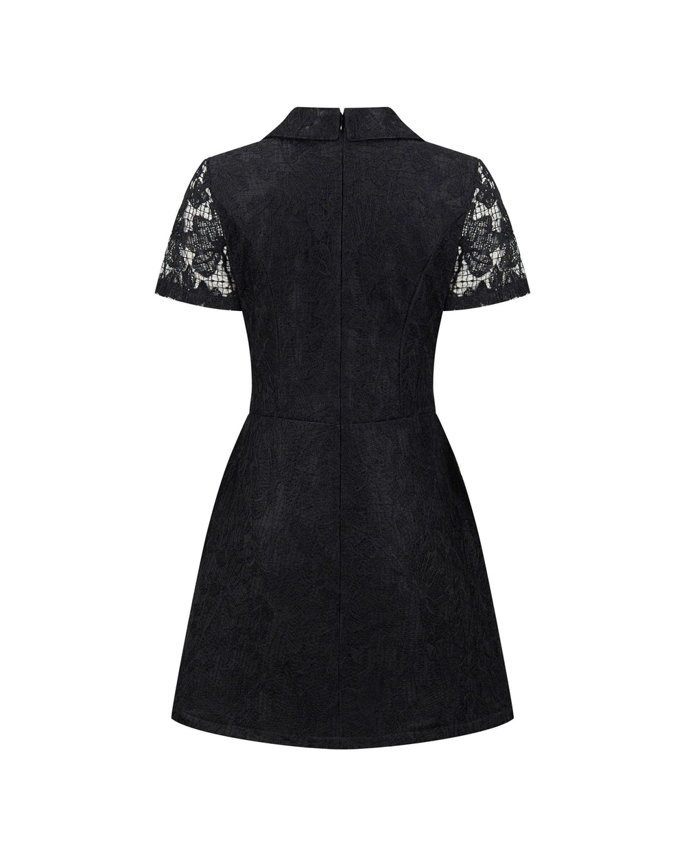 Back dress form view of V-DA248: shaped seams, centre back zipper and short lace sleeves