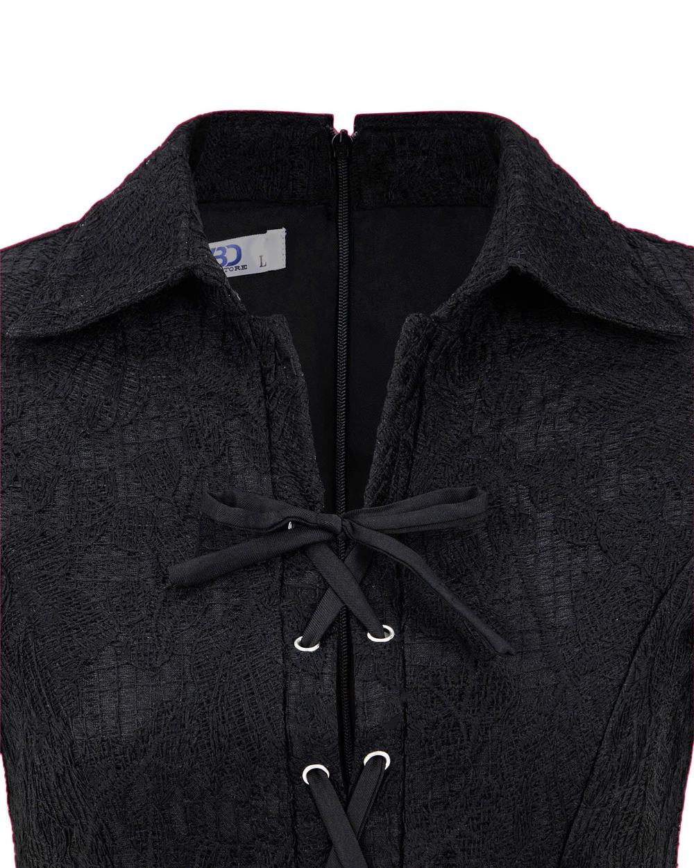 Front close-up of V-DA248: shirt collar, silver-coloured eyelets and black crisscross ties with a bow