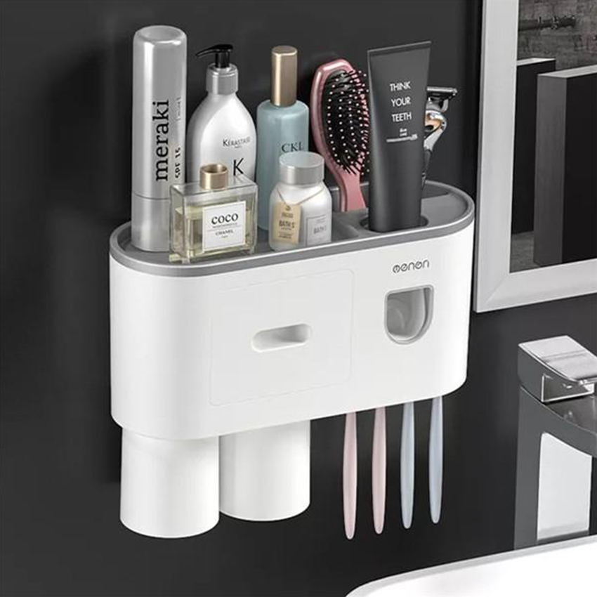 Wall-Mounted Magnetic Toothbrush Holder Multifunctional Space-Saving Storage Organizer