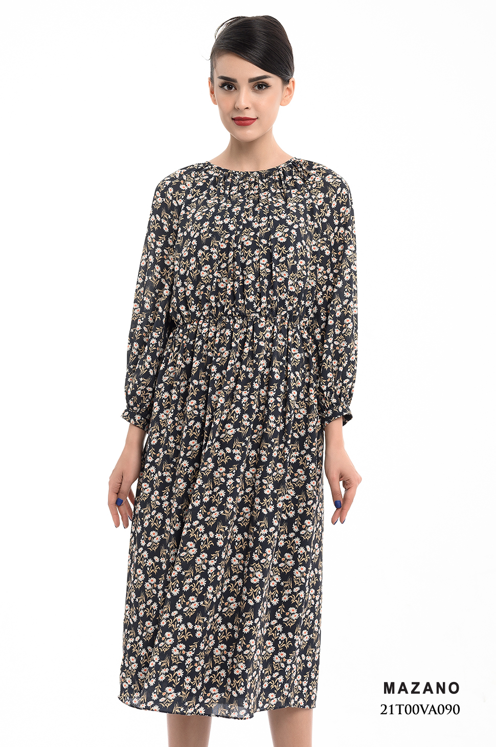 Đầm họa tiết nhún eo tay dài