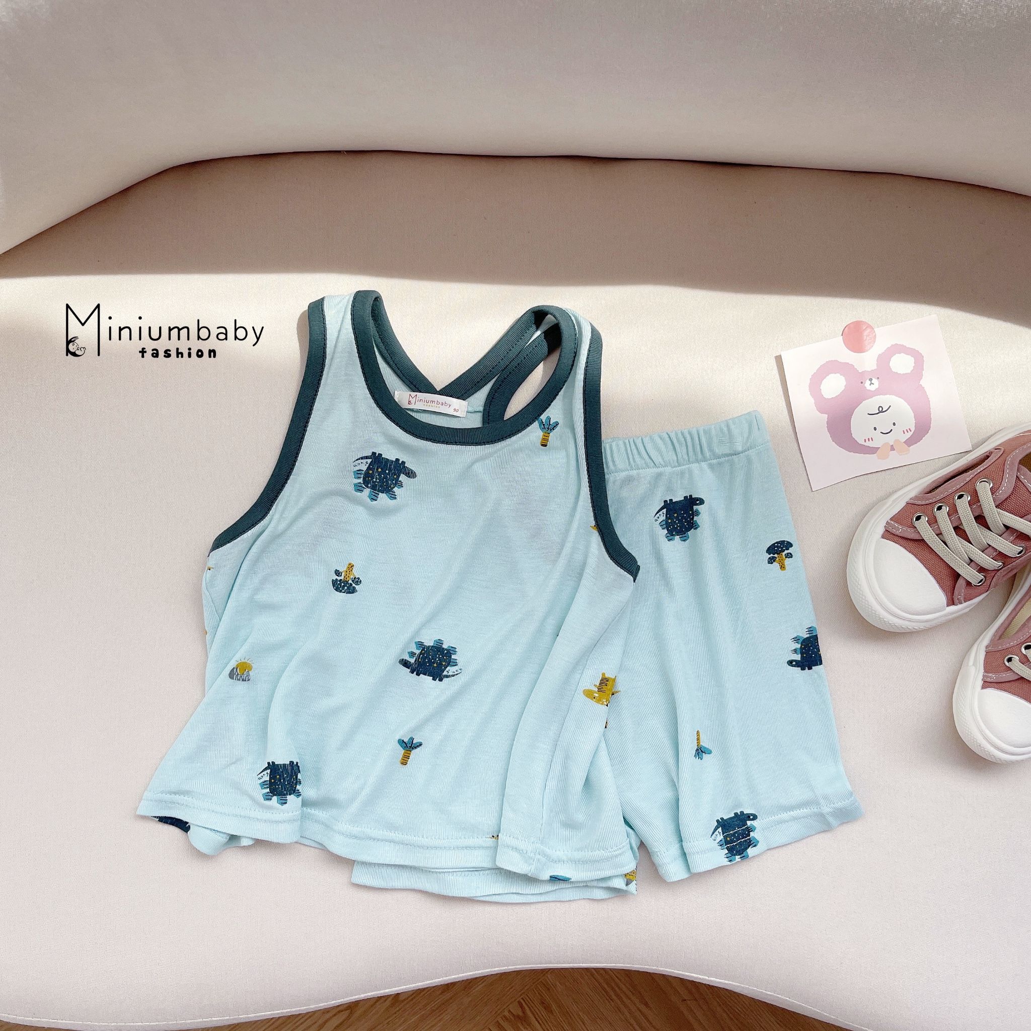 Bộ cotton 2 dây unisex xanh