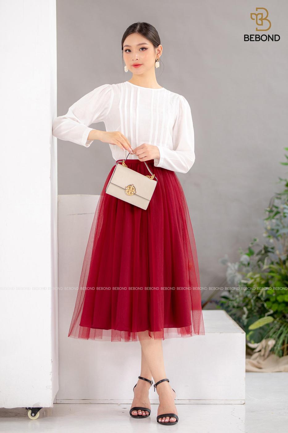 Chân váy voan dập ly màu ĐỎ