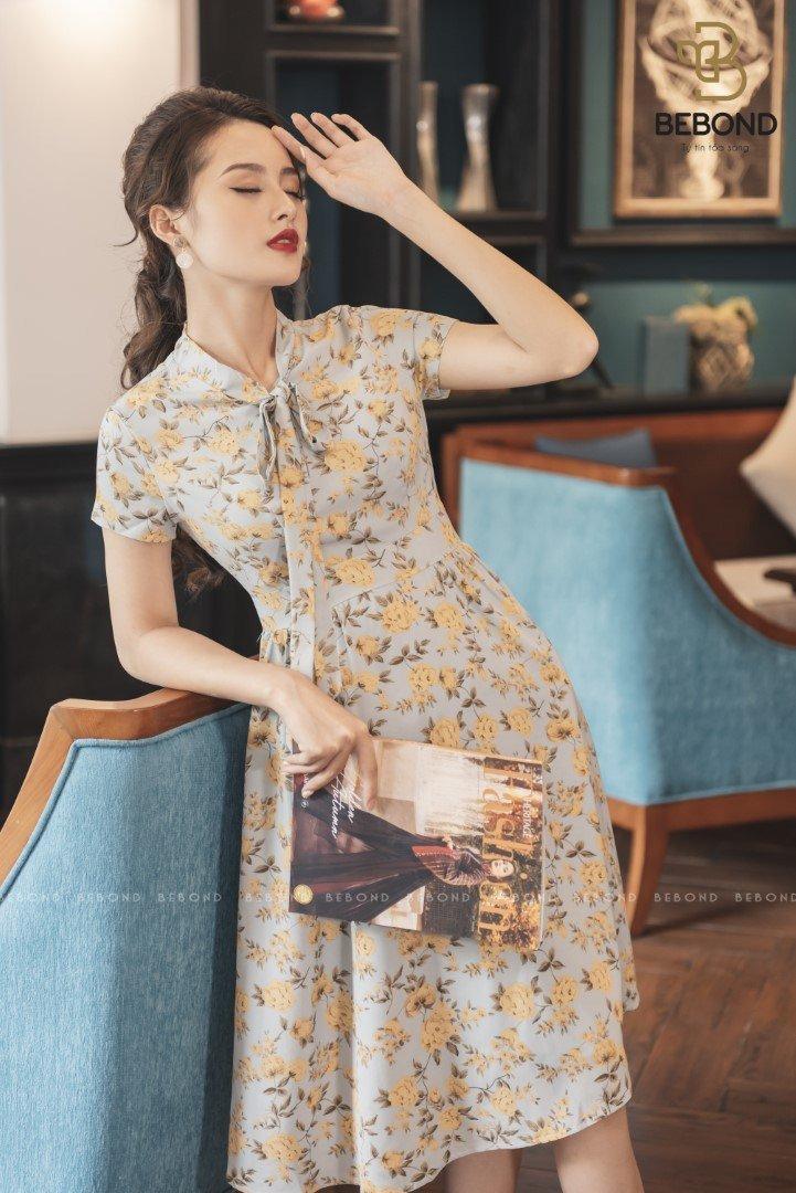 Đầm xòe nơ cổ hoa xanh- BALLY DRESS