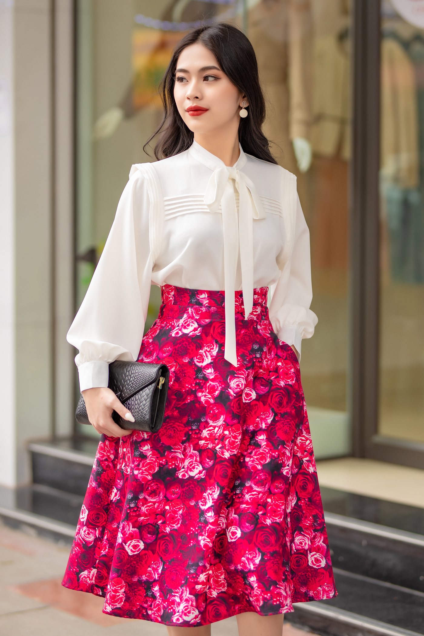 Chân váy xòe khóa đồng hoa hồng đỏ - Bloomie Skirt
