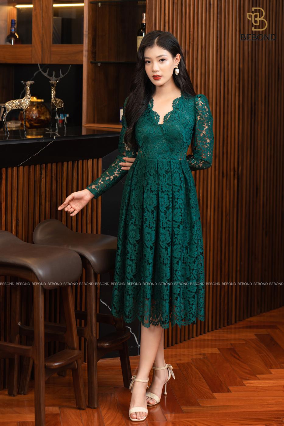 ĐẦM REN XẾP LY -LARISSA DRESSS - XANH RÊU