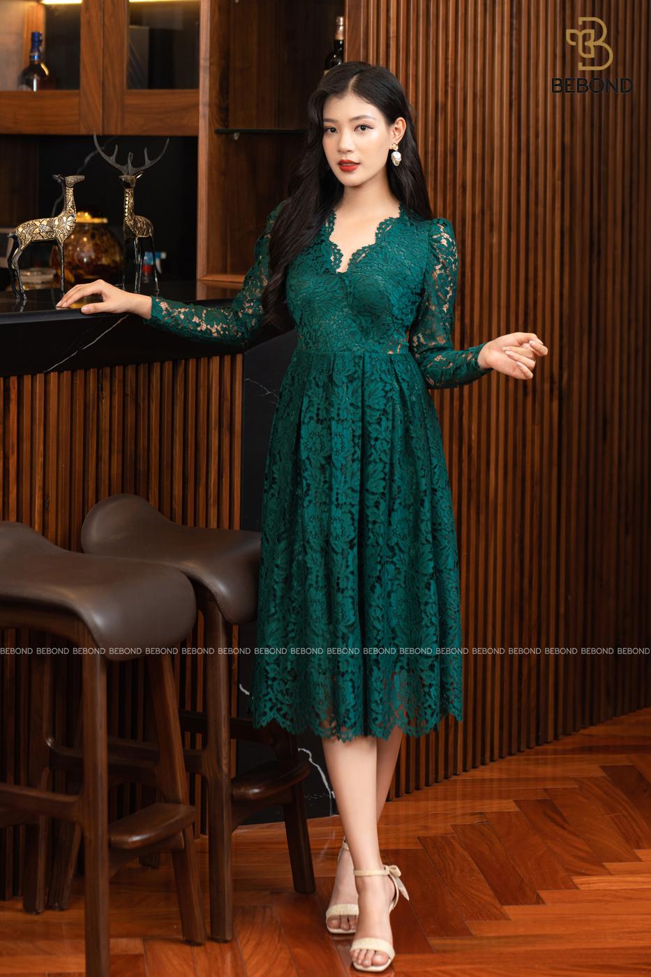 ĐẦM REN XẾP LY -LARISSA DRESSS - XANH RÊU