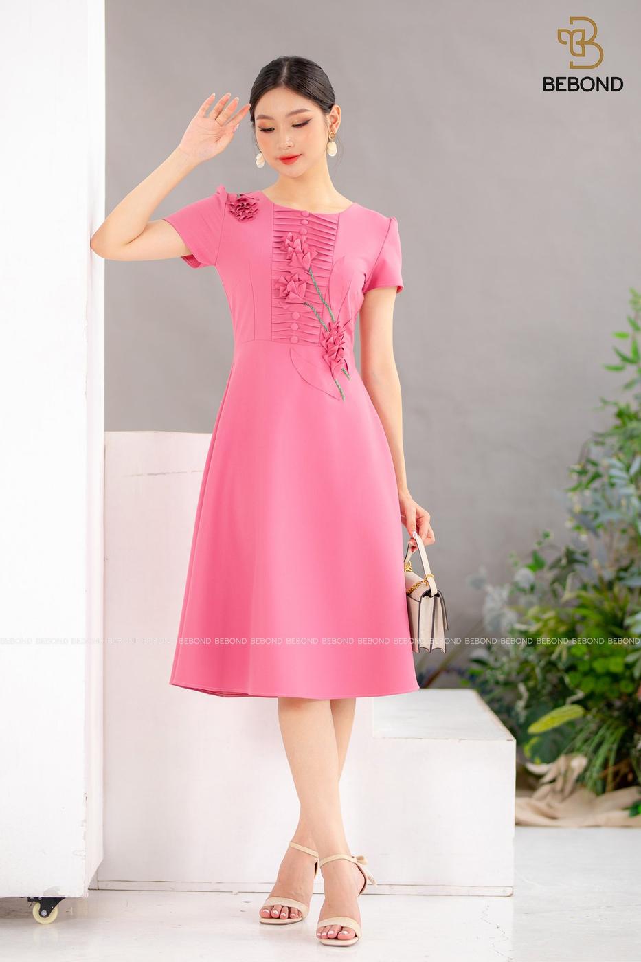 Đầm xòe đính hoa nấm màu hồng- JESSI