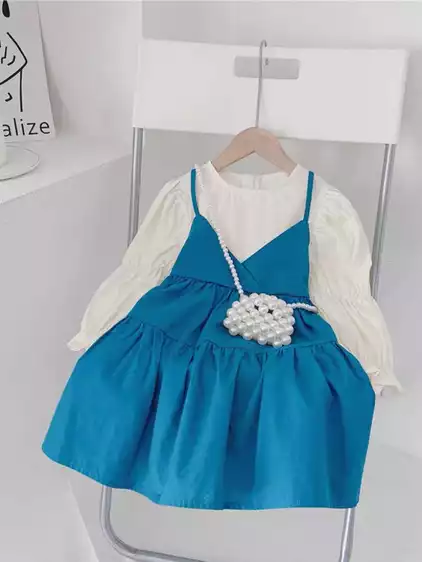 Product image - 652- VÁY XÒE XANH PHỐI TAY TRẮNG