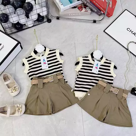 Product image - 614- BỘ BA LỖ LEN SỌC ĐEN KÈM THẮT LƯNG