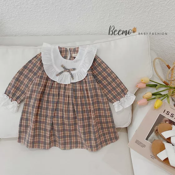 Product image - 618- VÁY KẺ DÀI TAY PHỐI CỔ BÈO TRẮNG