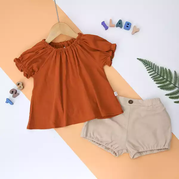 Set áo cổ chun thô cara bé gái