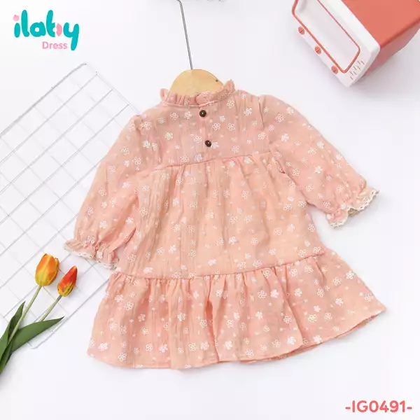 Váy thô dệt phối ren dài tay