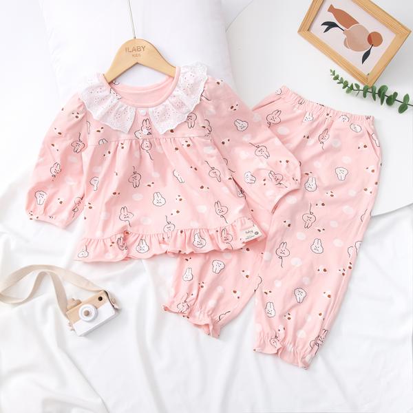 Pyjama cotton bé gái phối ren cổ