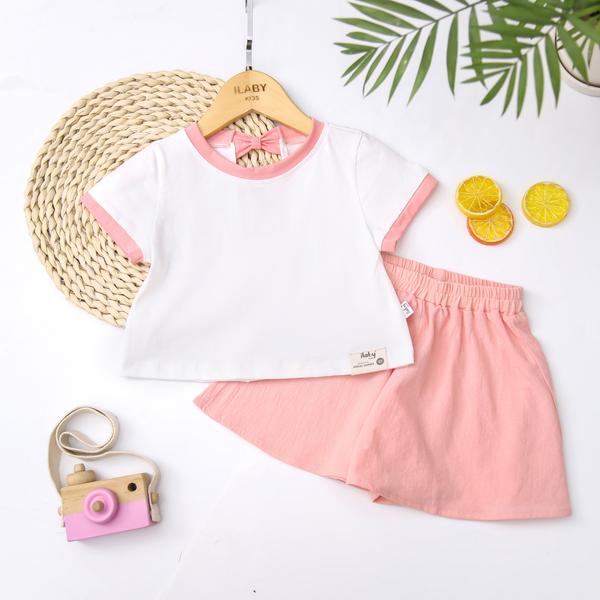 Set áo thun phối nơ quần thô cara