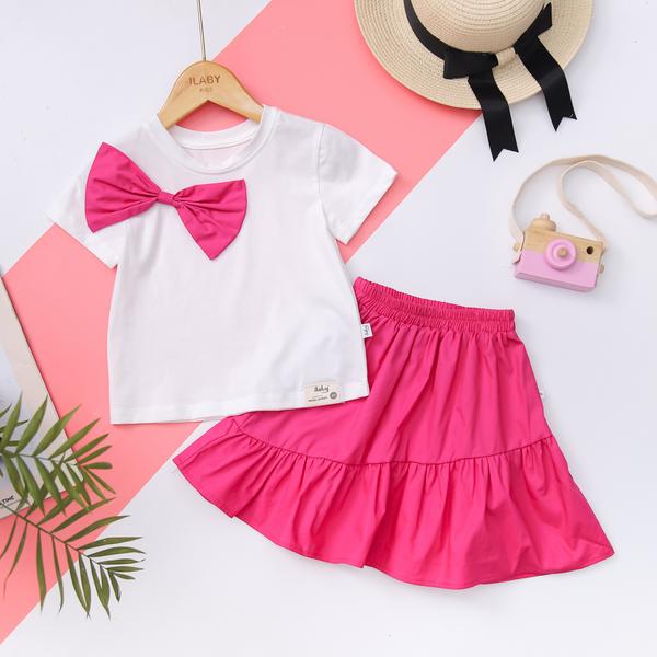 Set chân váy áo cotton phối nơ