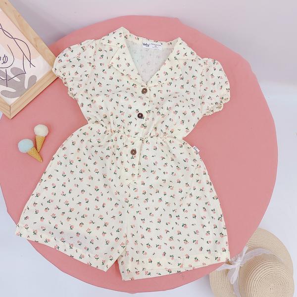 Jumpsuit bé gái cổ bẻ ve