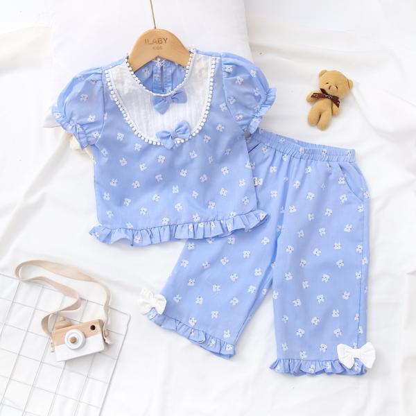 Set pyjama cổ tròn phối trước ngực
