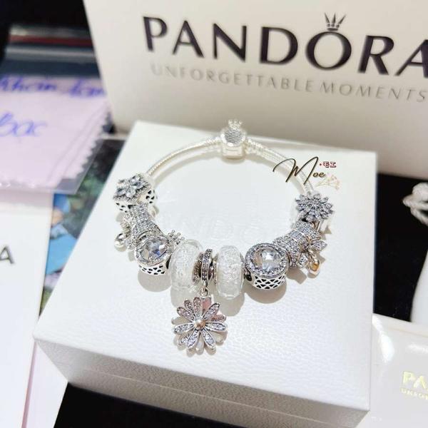 LT191 - Vòng Pandora trắng thạch anh hoa cúc