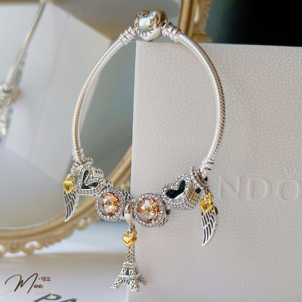 LT198 - Vòng pandora vàng tháp eiffel cánh thiên sứ