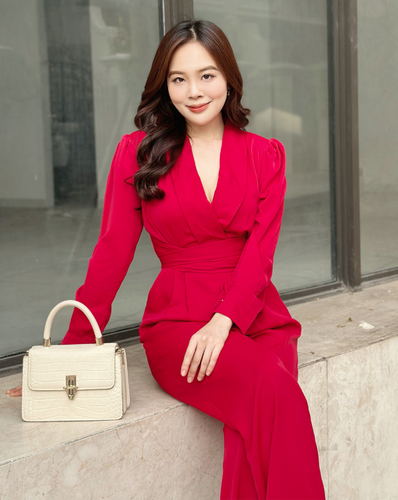 Đầm cổ vest cột nơ eo có túi dễ thương