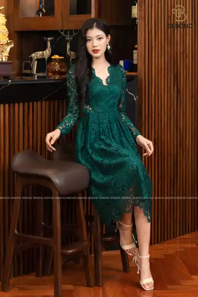 ĐẦM REN XẾP LY -LARISSA DRESSS - XANH RÊU