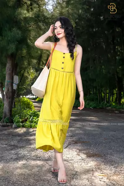 Đầm midi 2 dây màu vàng xanh- GINNY