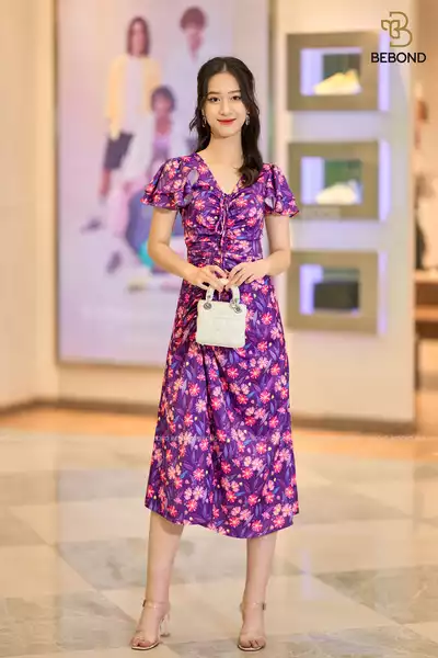 Đầm rút dây phối hoa màu TÍM- Katie Dress