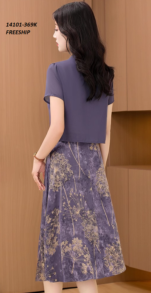 Đầm nữ kiểu tàu cổ cao tay ngắn kèm chân váy học tiết hoa văn cực sang ca |  Shopee Việt Nam