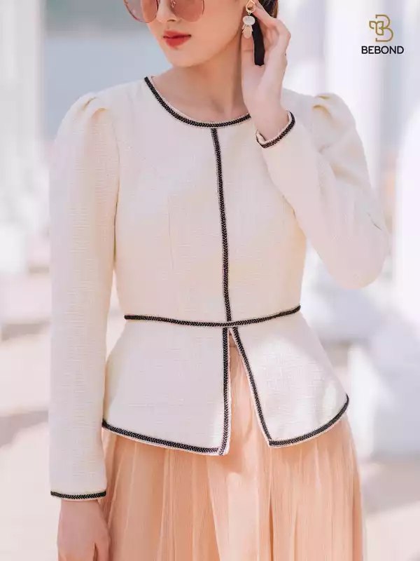 Áo vest dạ tweed màu be có dây cải viền màu BE