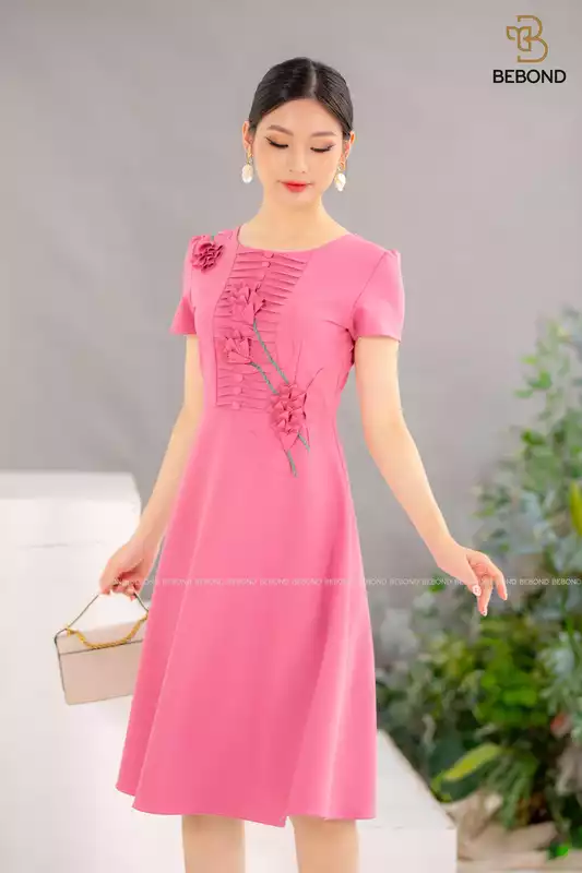Đầm xòe đính hoa nấm màu hồng- JESSI
