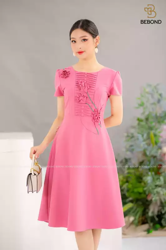 Đầm xòe đính hoa nấm màu hồng- JESSI