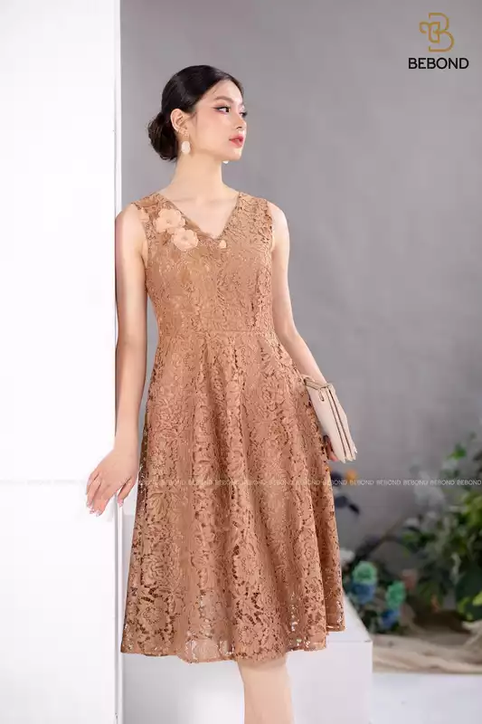 Đầm ren NÂU TÂY đính hoa- Lily Dress