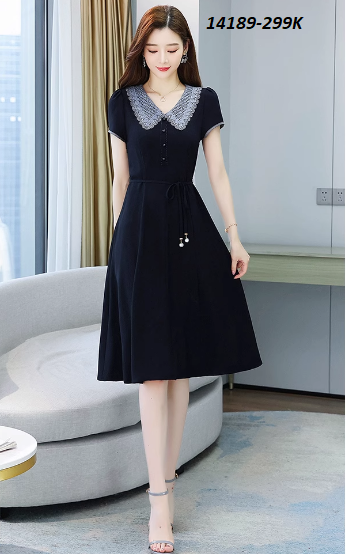 14189-Đầm xòe cổ bẻ cách điệu kết nút kèm dây thắt eo (thun lụa)_thumbnail_1