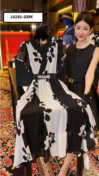 14191-Đầm xòe cổ xếp ly đắp chéo hai màu trắng đen (voan,lót)_thumbnail_1