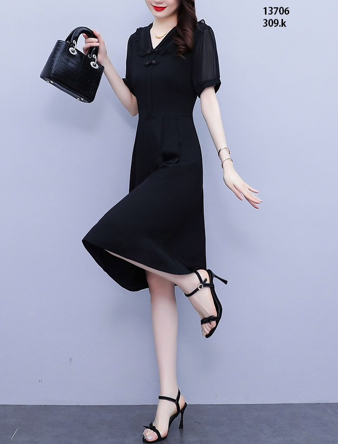 13706-Đầm voan xòe tay ngắn cổ V cách điệu( thun cát, tay voan )_thumbnail_4