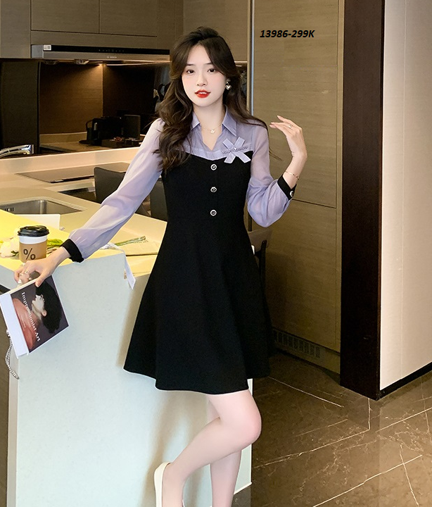 13986-Đầm xòe tay dài kêt nơ  (thun mịn, lụa ánh kim)_thumbnail_2