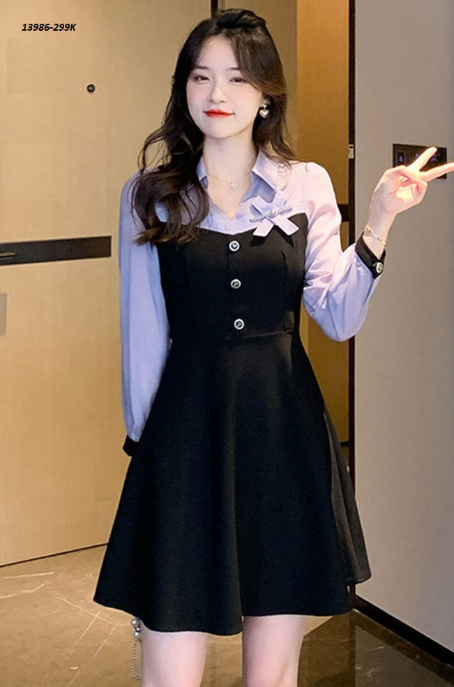 13986-Đầm xòe tay dài kêt nơ  (thun mịn, lụa ánh kim)_thumbnail_1