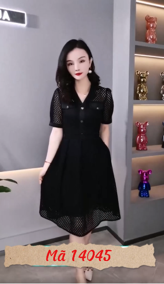 14045-Đầm xòe ren lỗ tay  ngắn cổ bẻ kết nút  (lưới lỗ, lót thun, ko kèm nịt )FREESHIP_thumbnail_0
