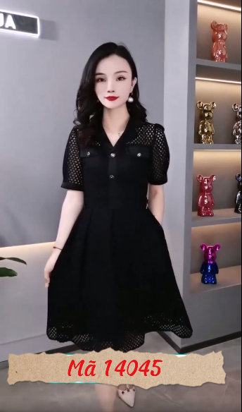 14045-Đầm xòe ren lỗ tay  ngắn cổ bẻ kết nút  (lưới lỗ, lót thun, ko kèm nịt )FREESHIP_thumbnail_3
