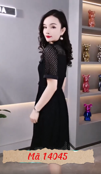 14045-Đầm xòe ren lỗ tay  ngắn cổ bẻ kết nút  (lưới lỗ, lót thun, ko kèm nịt )FREESHIP_thumbnail_2