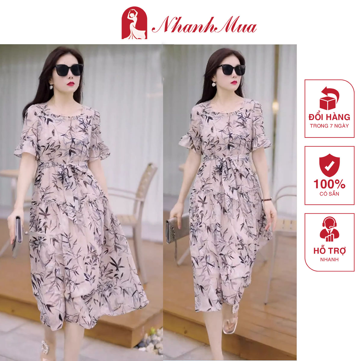 13713-Đầm xòe tay loe, eo thắt nơ họa tiết lá tre ( voan in bông,thun lót)FREESHIP_thumbnail_0