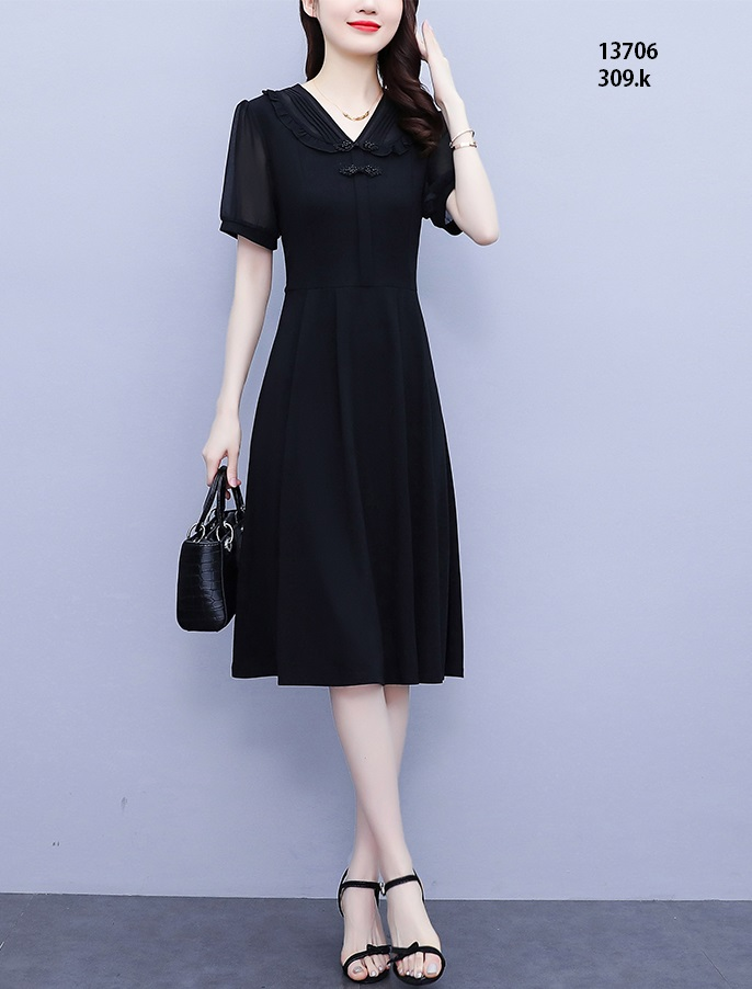 13706-Đầm voan xòe tay ngắn cổ V cách điệu( thun cát, tay voan )_thumbnail_2
